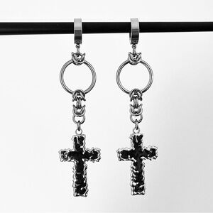 Gothic Industrial Molten Cross Chainmail Earrings